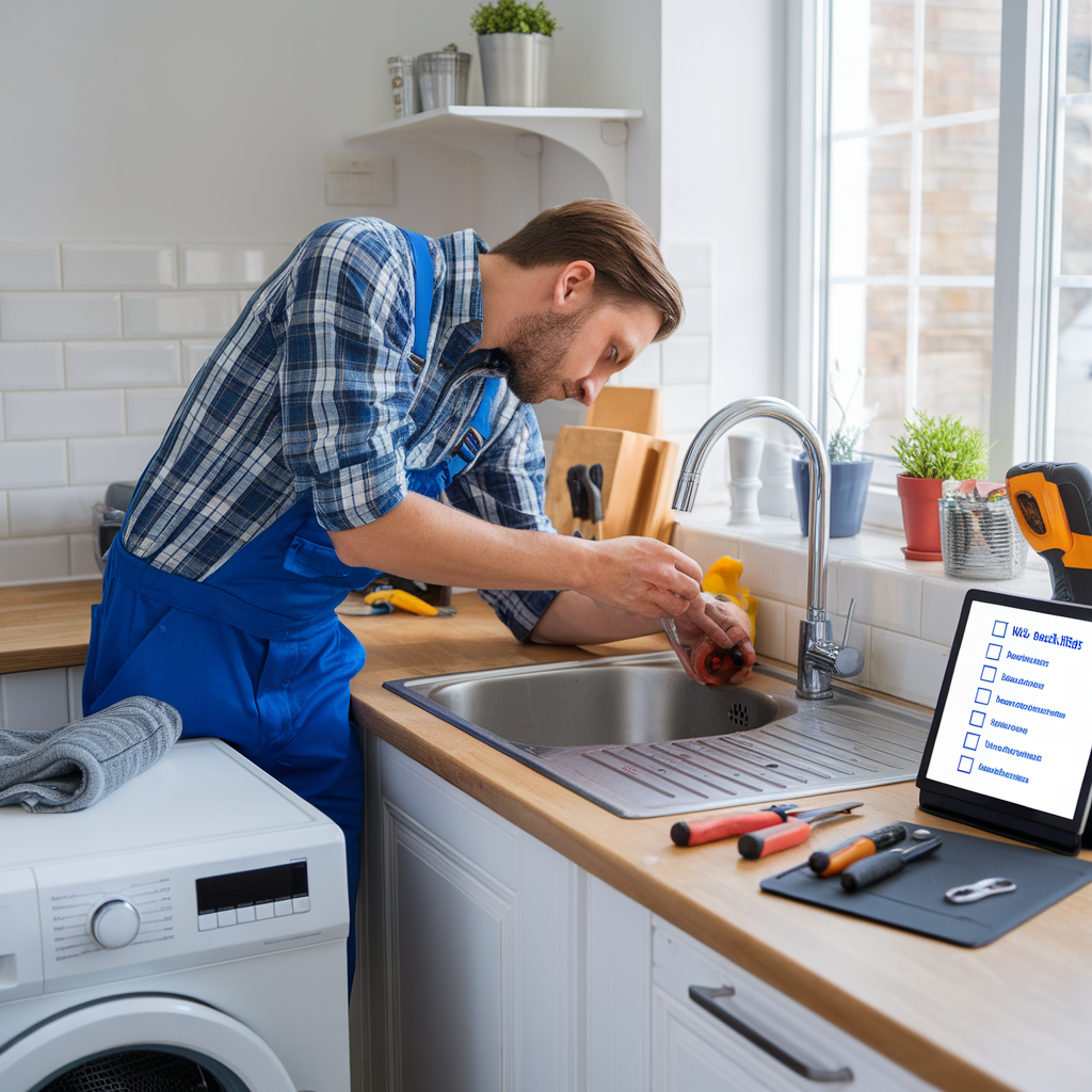 A handyman inspecting a sink for leaks in a bright kitchen, with tools neatly arranged on the counter. The image also shows a washing machine being serviced and a checklist for monthly maintenance tasks on a nearby tablet