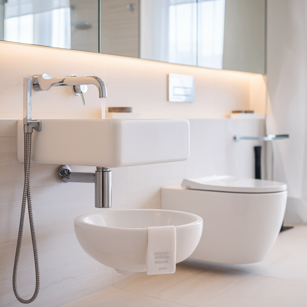 A luxurious modern bathroom with sleek, eco-friendly fixtures, including a touchless faucet, a stylish dual-flush toilet, and a minimalist wall-mounted sink. The setting is clean and bright with neutral tones and a large mirror reflecting natural light."