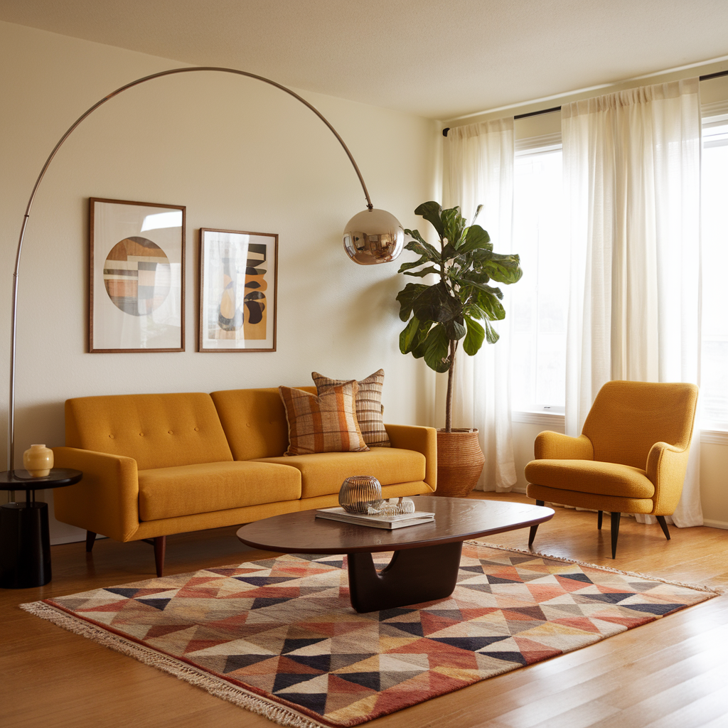 A retro-inspired living room featuring a mustard-yellow mid-century modern sofa, a sleek Noguchi coffee table, and a bold geometric area rug. The room is illuminated by a modern arc floor lamp, seamlessly blending retro and modern aesthetics