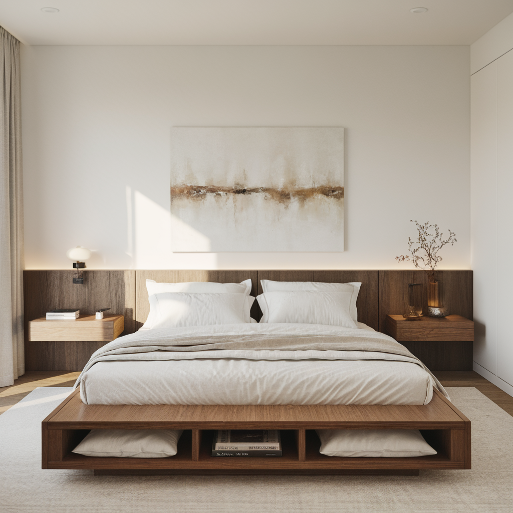 A serene bedroom featuring a low-profile platform bed with a wooden frame, crisp white bedding, and hidden under-bed storage. A floating nightstand holds a small lamp and a book, while an abstract painting hangs above the bed.