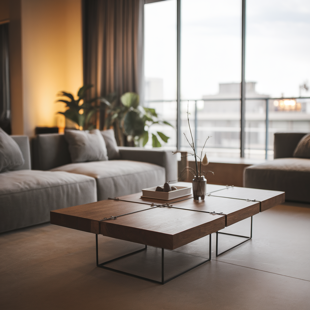 A sleek and minimalist living room with a low-profile gray sofa, a wooden coffee table with metal accents, and a floor-to-ceiling window overlooking a cityscape. Neutral tones dominate the space, with warm lighting and a few indoor plants adding a cozy yet modern touch.