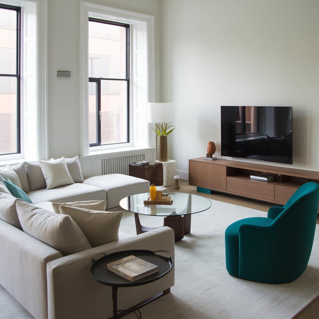 A stylish living room with a minimalist gray sectional sofa, a circular glass coffee table, and a modern TV stand with hidden storage. A bold accent chair in teal adds a pop of color, while large windows let in natural light