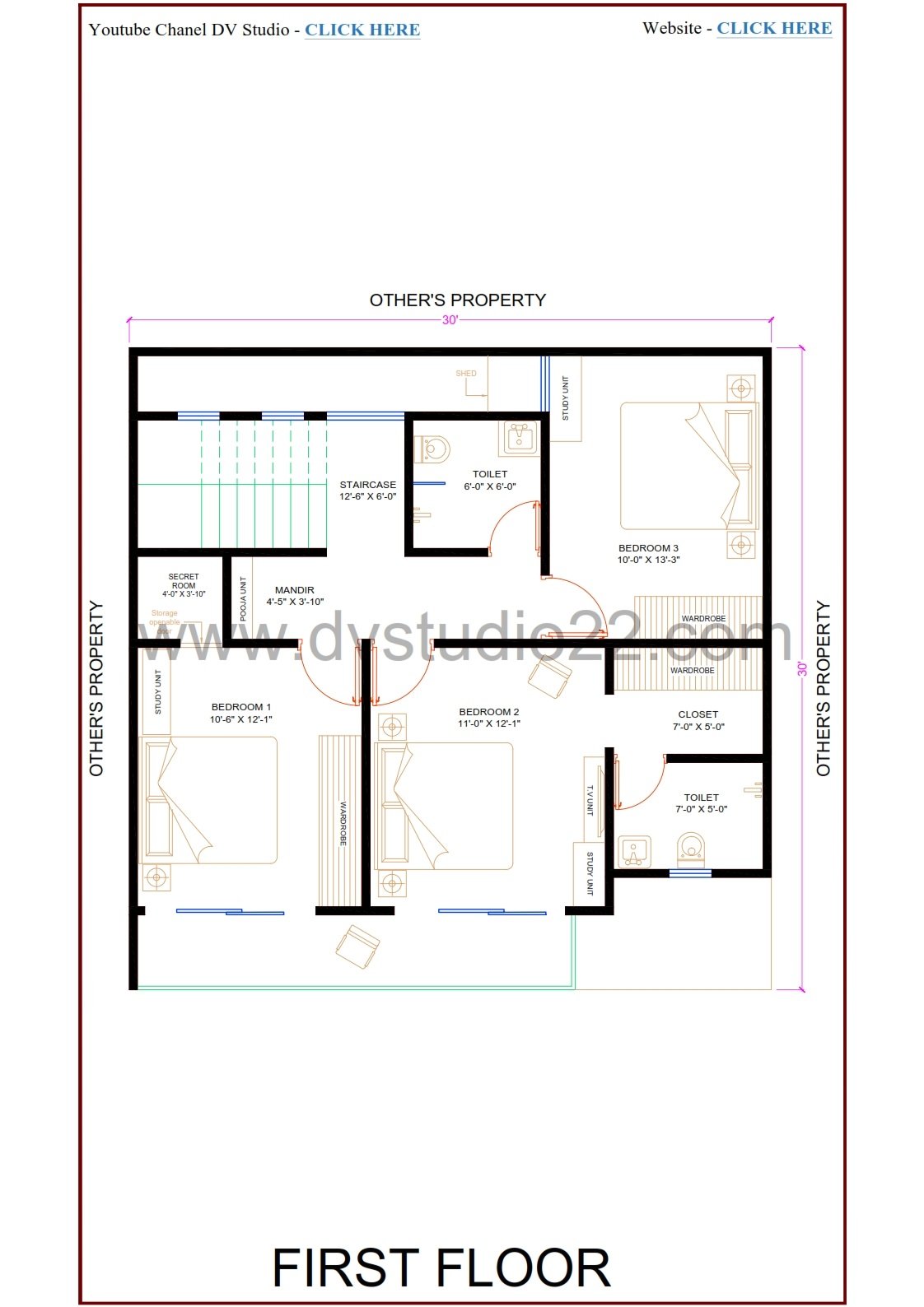 30x30 House Plans 3D - 3BHK - Option 7 - 900 Sqft | 100 Gaj - DV Studio