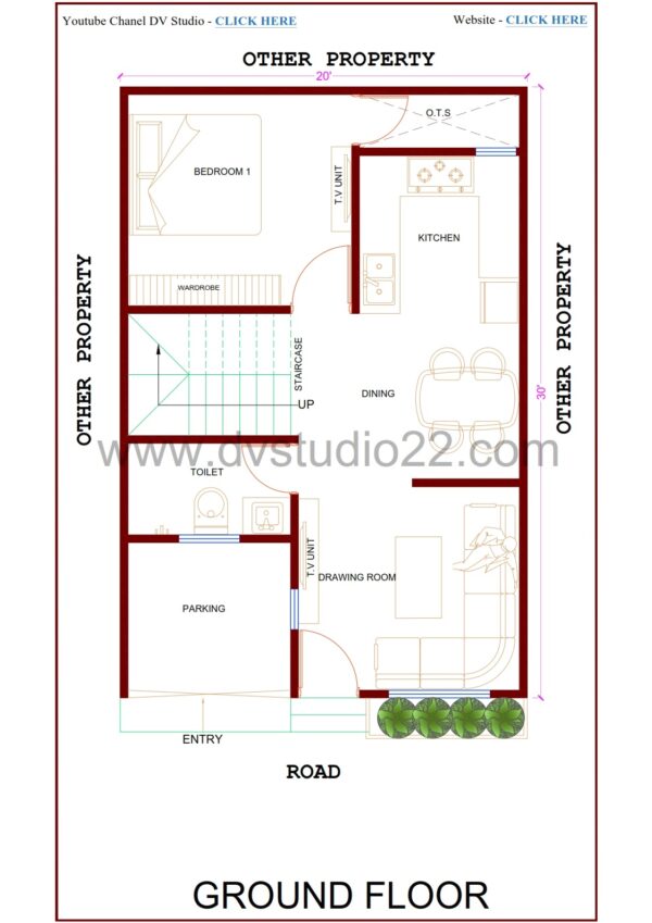 20x30 House Plans 3D - 3BHK - Option 3 - 600 Sqft | 65 Gaj - Image 3