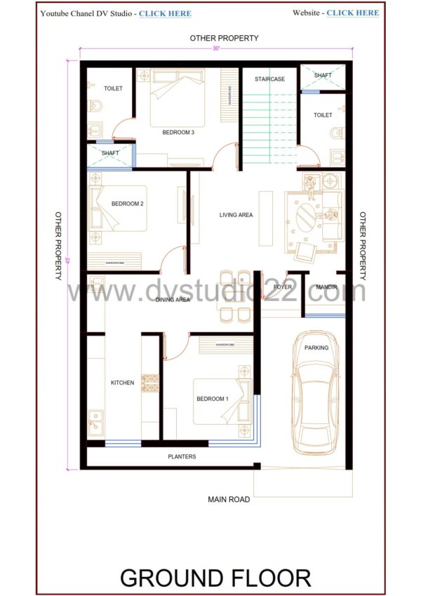 30x45 House Plans 3D - 3BHK - Option 8 - 1350 Sqft | 150 Gaj - Image 2