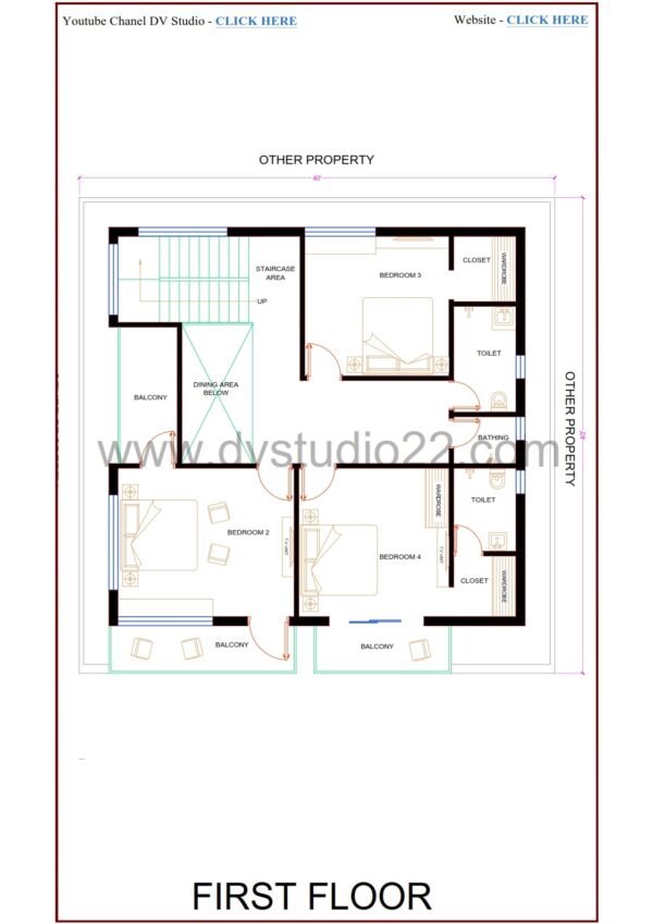 40x40 House Plans 3D - 4BHK - Option 7 - 1600 Sqft | 180 Gaj - Image 3