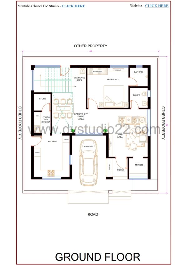 40x40 House Plans 3D - 4BHK - Option 7 - 1600 Sqft | 180 Gaj - Image 2