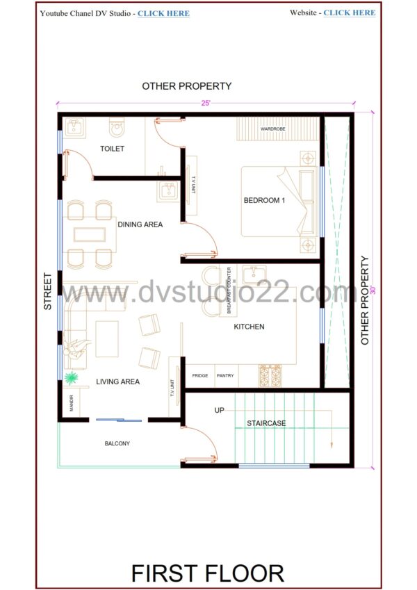25x30 House Plans 3D - 1BHK + 3BHK + Office - Option 4 - 750 Sqft | 85 Gaj - Image 3