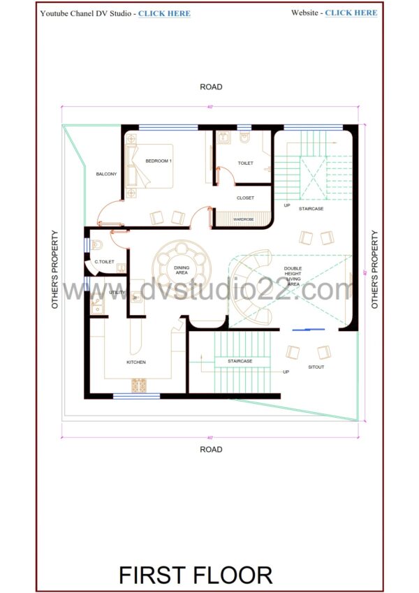 40x40 Duplex House Plans 3D - DOUBLE HEIGHT LIVING AREA - 1BHK + 3BHK - Option 8 - 1600 Sqft | 180 Gaj - Image 3