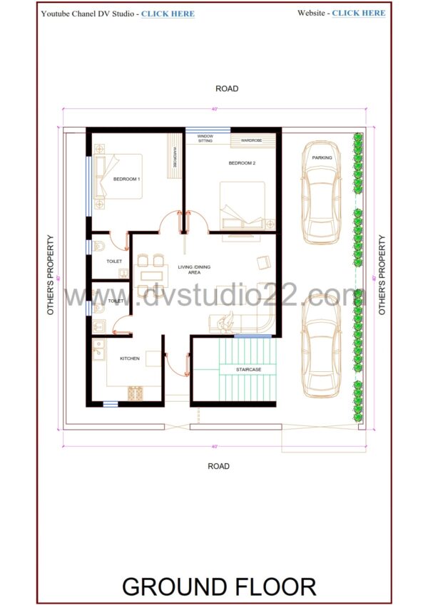 40x40 Duplex House Plans 3D - DOUBLE HEIGHT LIVING AREA - 1BHK + 3BHK - Option 8 - 1600 Sqft | 180 Gaj - Image 2