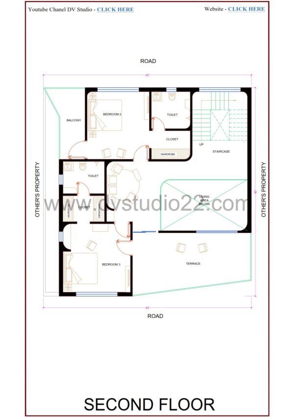 40x40 Duplex House Plans 3D - DOUBLE HEIGHT LIVING AREA - 1BHK + 3BHK - Option 8 - 1600 Sqft | 180 Gaj - Image 4