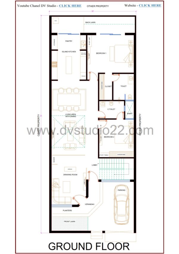 30x75 House Plans - DOUBLE HEIGHT LIVING AREA - 5BHK - 2250 Sqft | 250 Gaj - Image 2