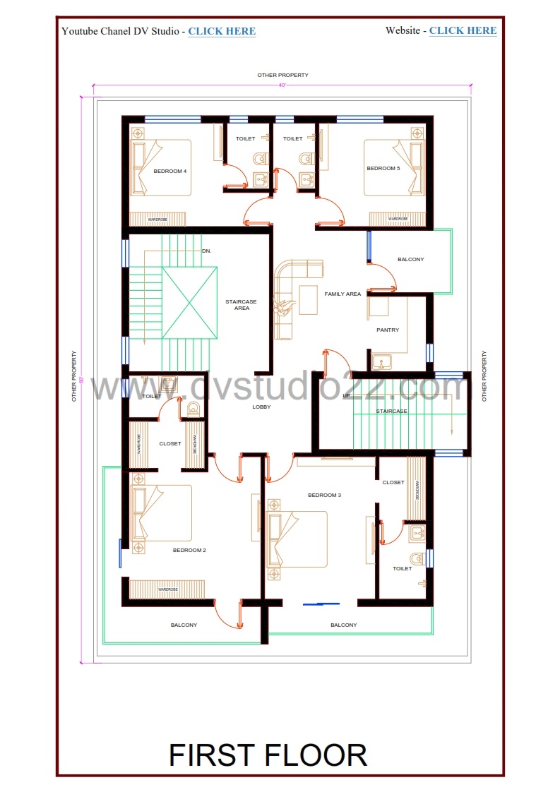 40x60 House Plans - 5BHK + Suite - 2400 Sqft | 265 Gaj - Option -6 - Image 3