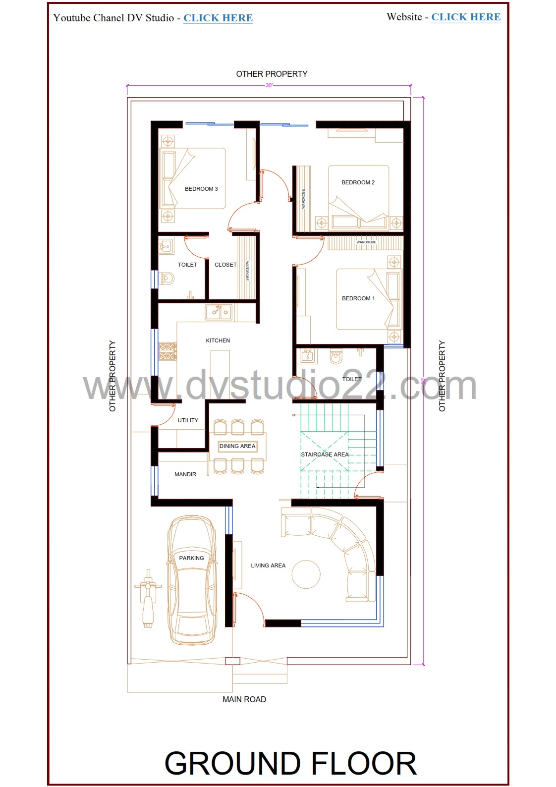 30x60 House Plans 3D - 3BHK - Option 12 - 1800 Sqft | 200 Gaj - Image 2