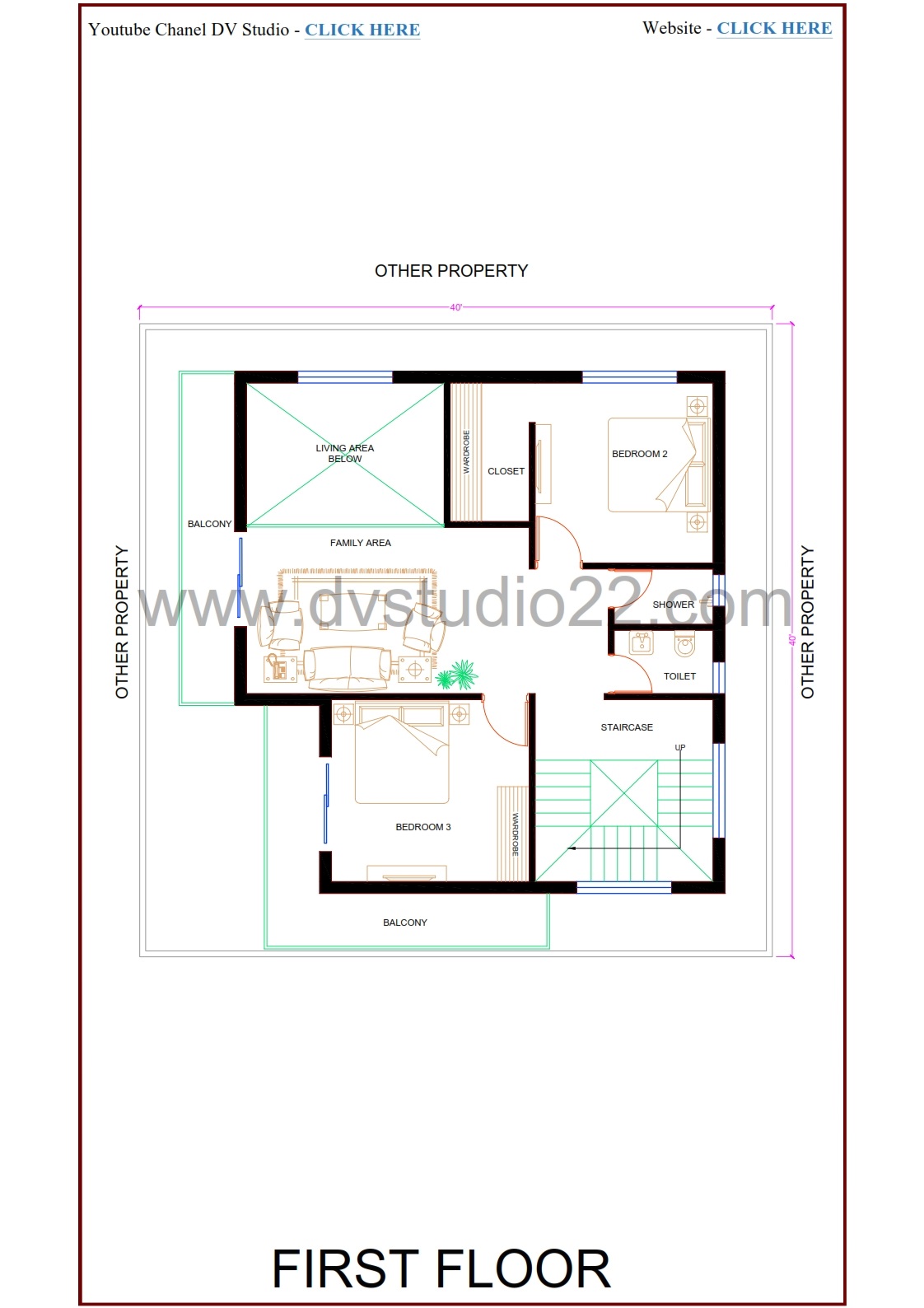 40x40 House Plans - 4BHK | DOUBLE HEIGHT LIVING AREA + MASTER SUITE - 1600 Sqft | 180 Gaj - Option -18 - Image 3