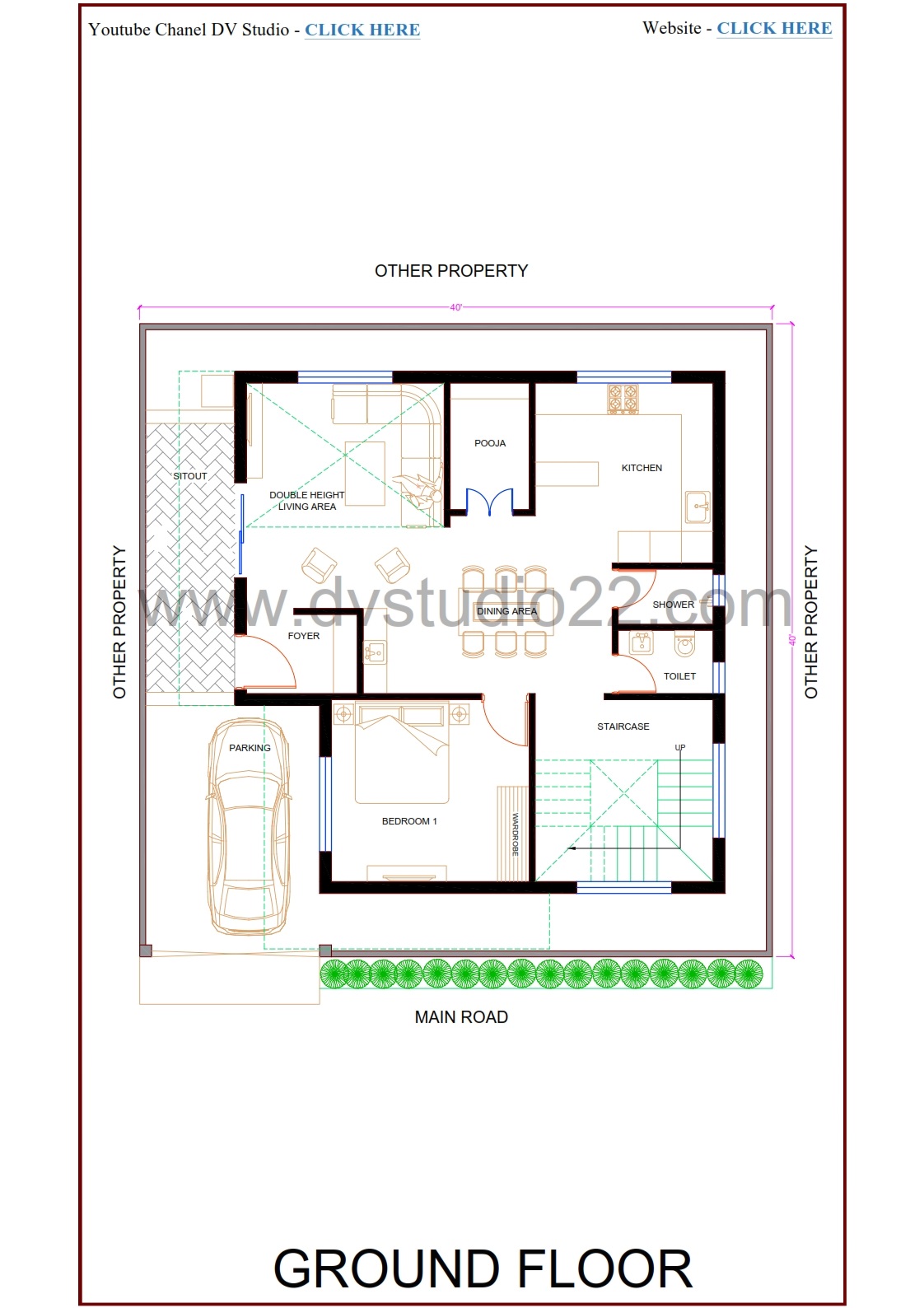 40x40 House Plans - 4BHK | DOUBLE HEIGHT LIVING AREA + MASTER SUITE - 1600 Sqft | 180 Gaj - Option -18 - Image 2